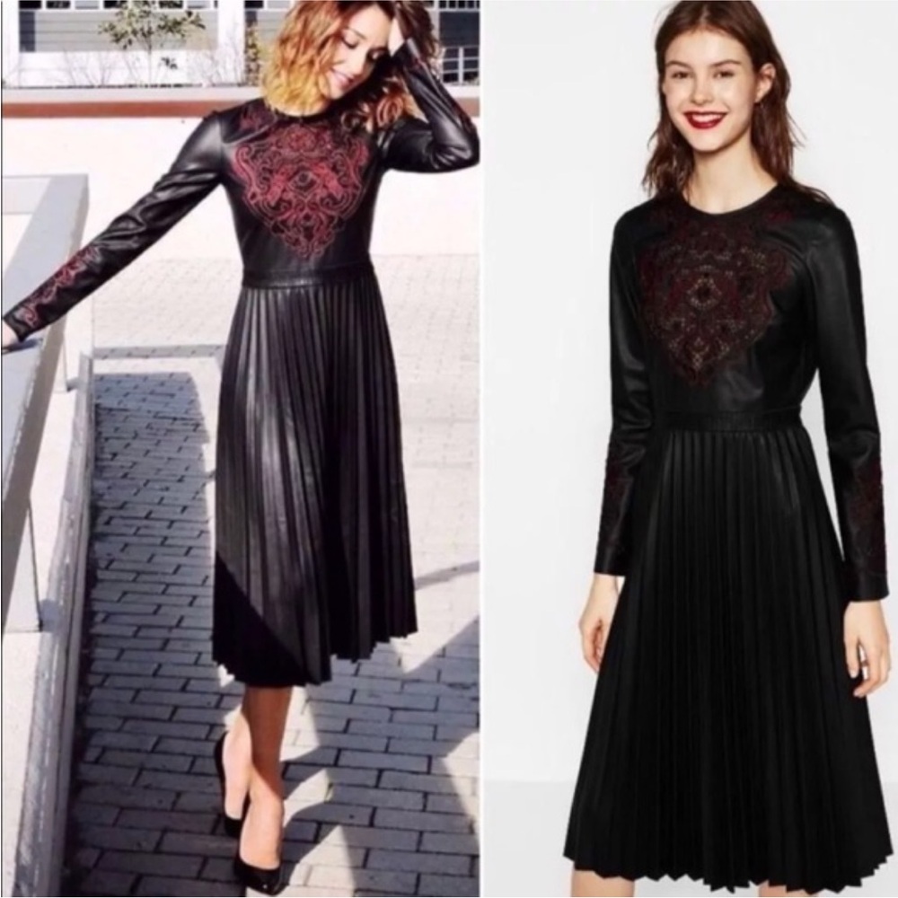 Navy Blue leather Dress with Red Embroidery